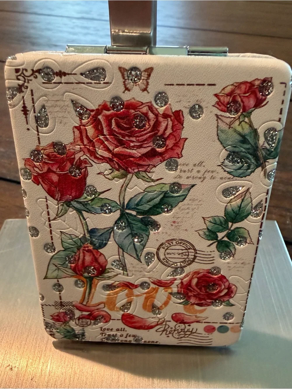 Postcard Style Faux Leather Compact Mirror - White w/Red Roses & Literary Script